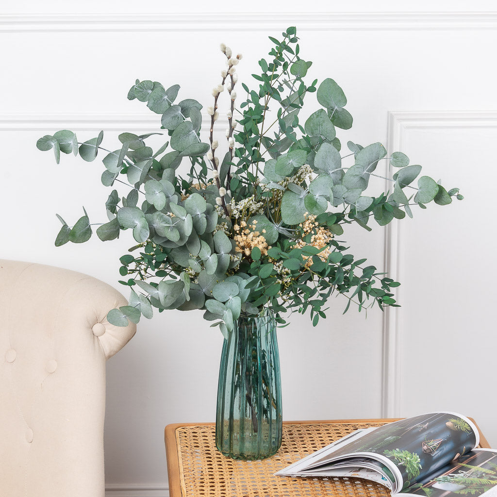 Jarrón de cristal en color salvia ideal para flores preservadas