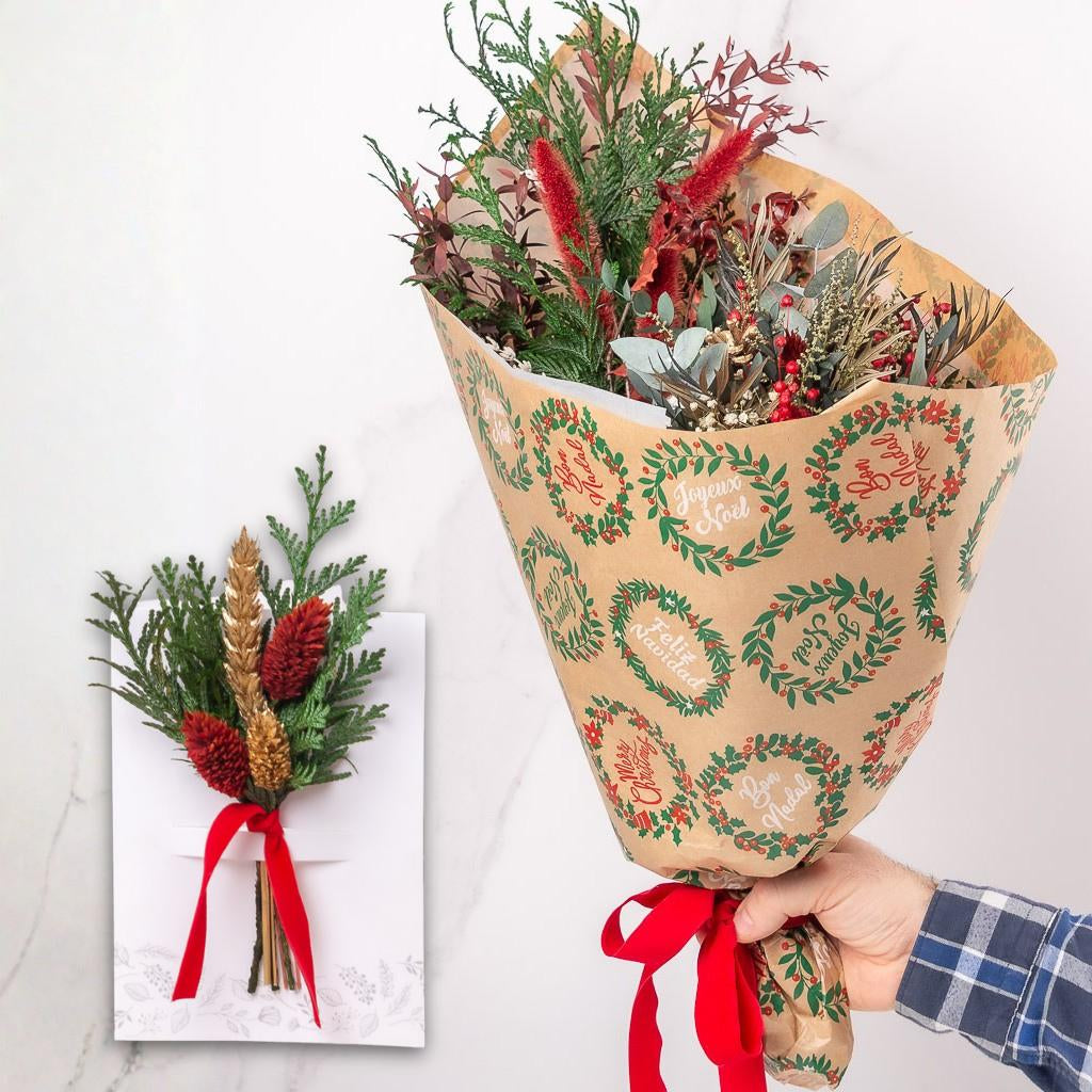 Bonito pack de envoltorio navideño, tarjeta con ramillete y lazo en terciopelo rojo