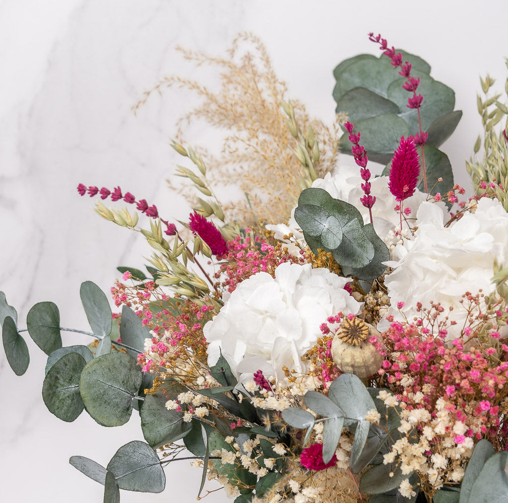 centro XL de flores preservadas personalizable con tu foto con hortensia y eucaliptus