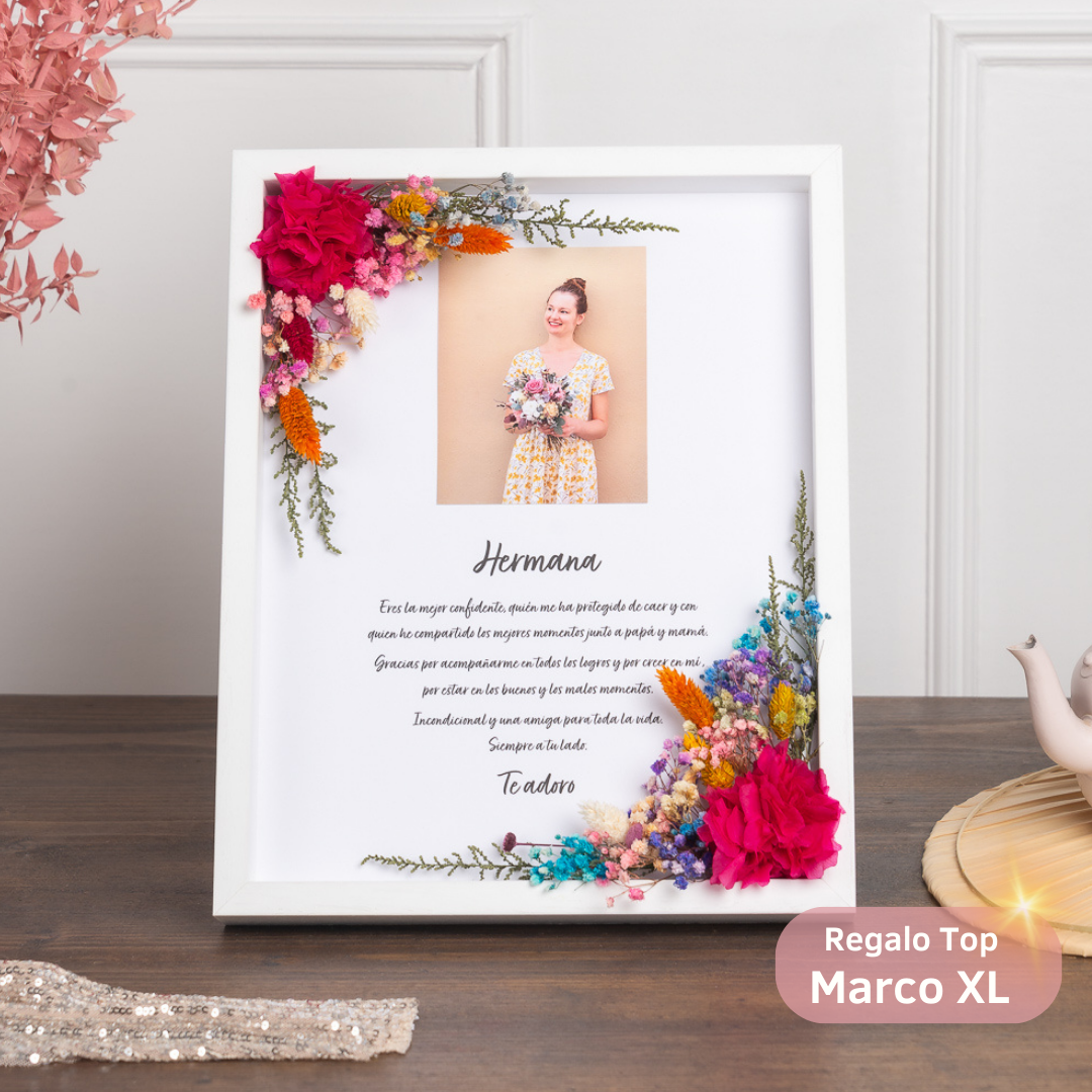cuadro XL con flores preservadas y dedicatoria con foto