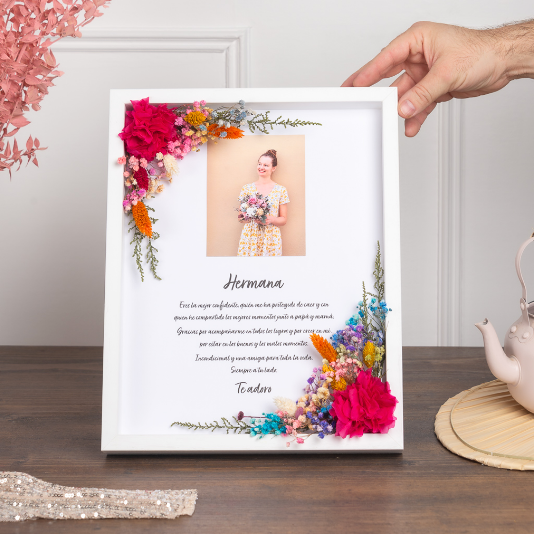cuadro XL con flores preservadas y dedicatoria con foto