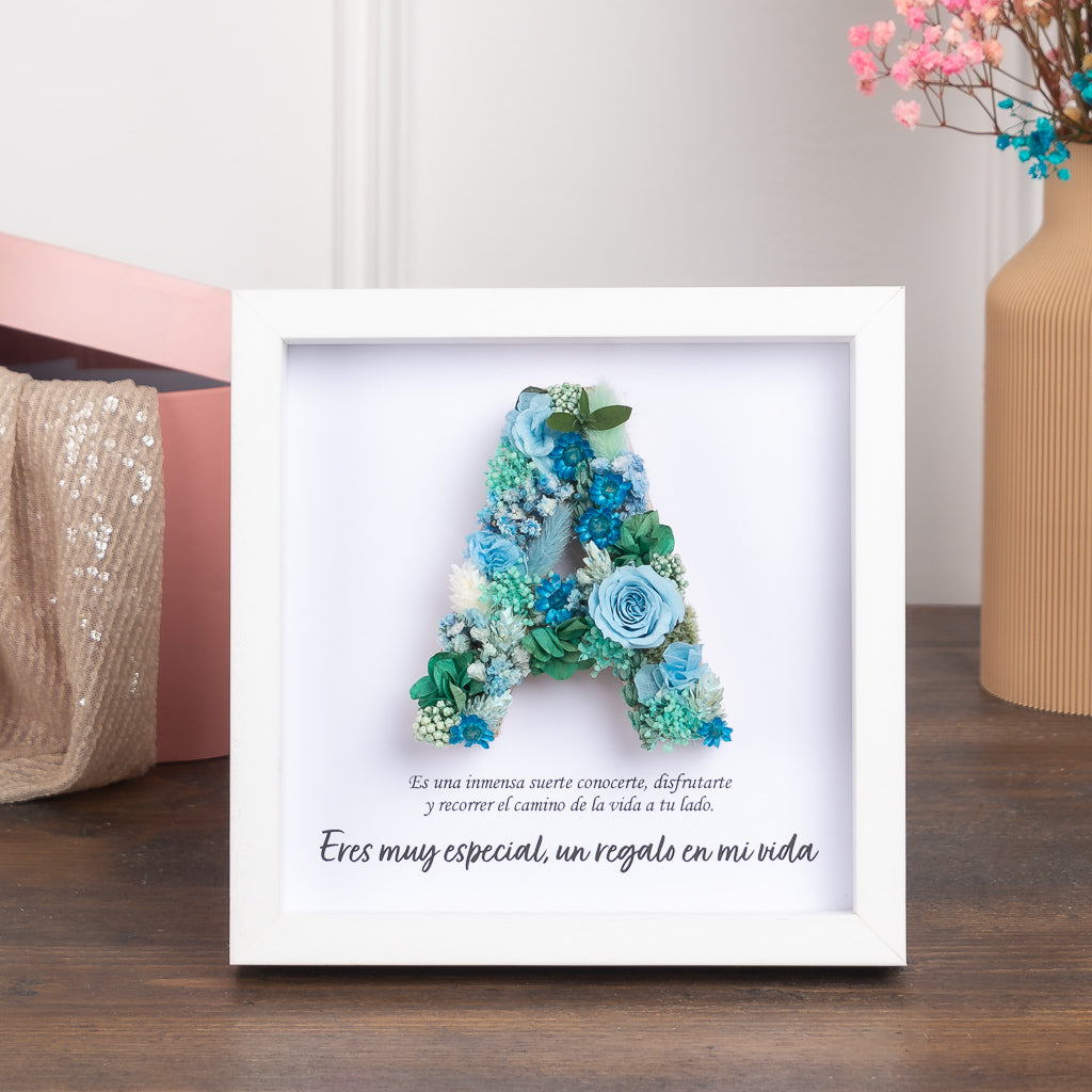 cuadro con inicial de flores en tonos azules y aguamarina