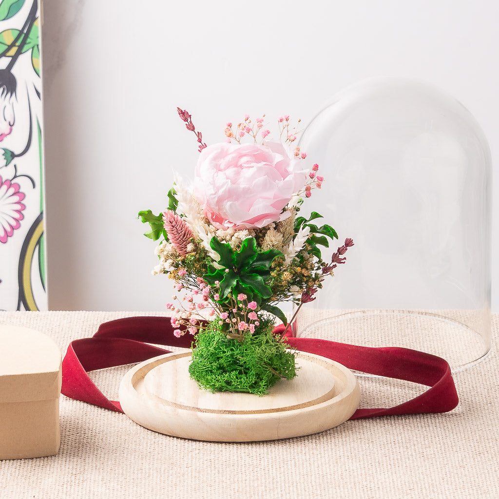 cúpula campana con peonia preservada