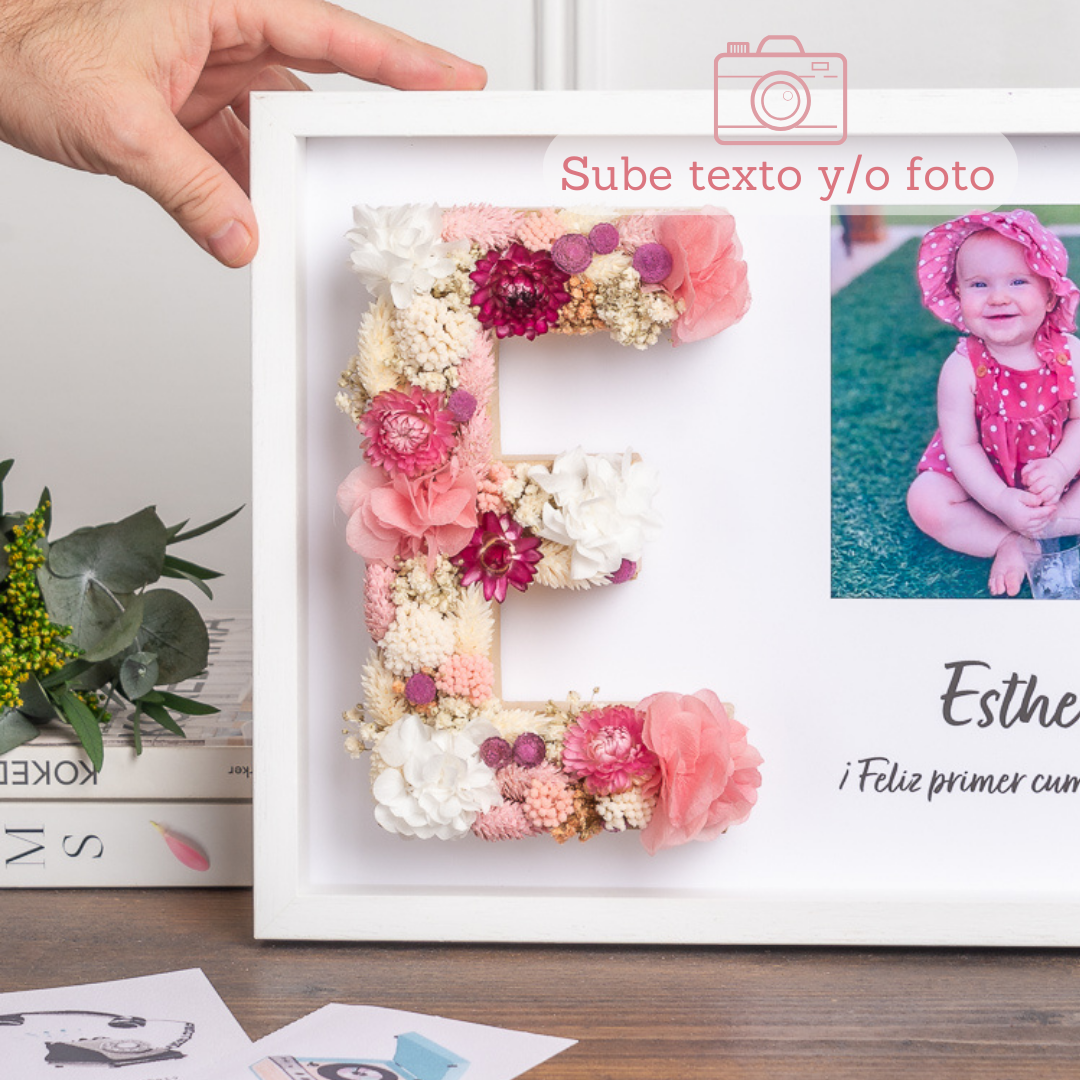 cuadro con letra de flores preservadas grande, foto y dedicatoria