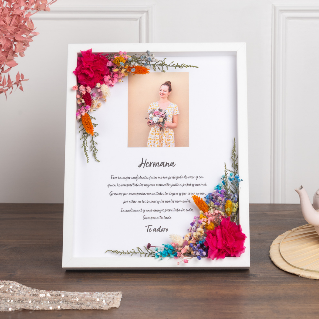 cuadro XL con flores preservadas y dedicatoria con foto