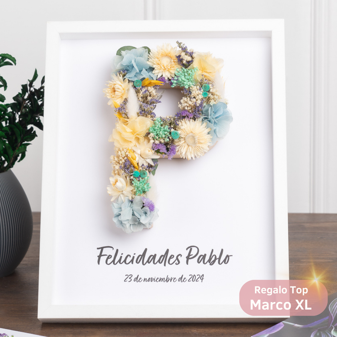 cuadro con letra de flores preservadas grande, foto y dedicatoria