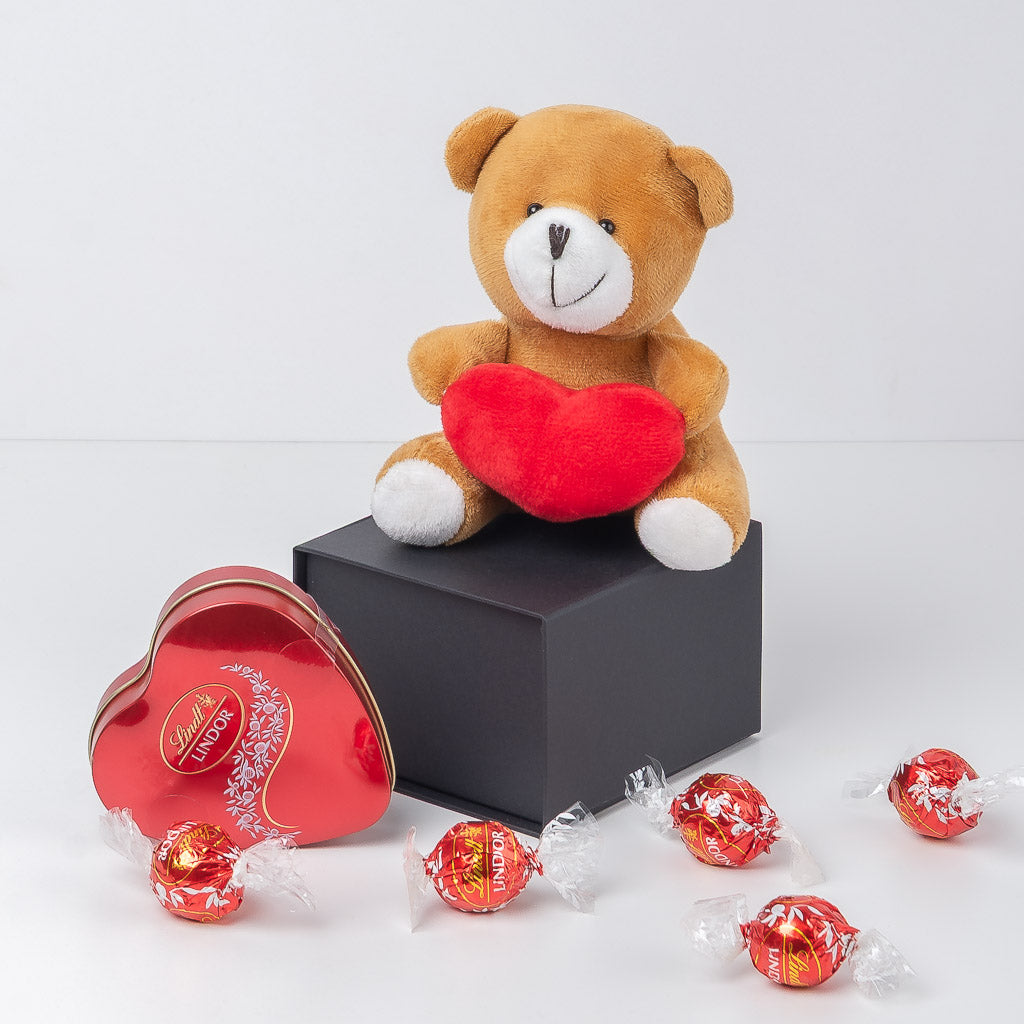 cofre caja con rosa eterna preservada, peluche y bombones ideal san valentín