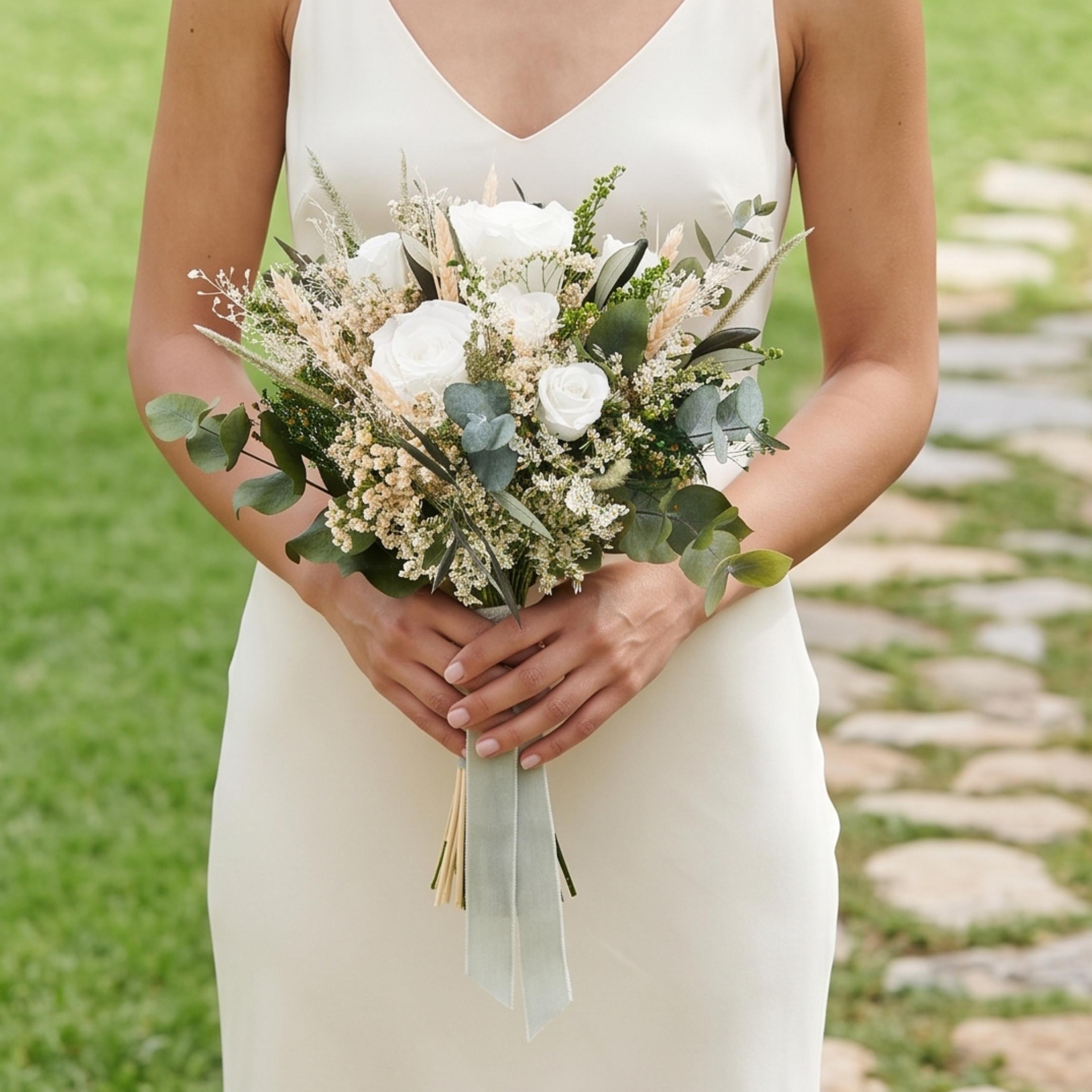 ramo de novia con rosas blancas preservadas