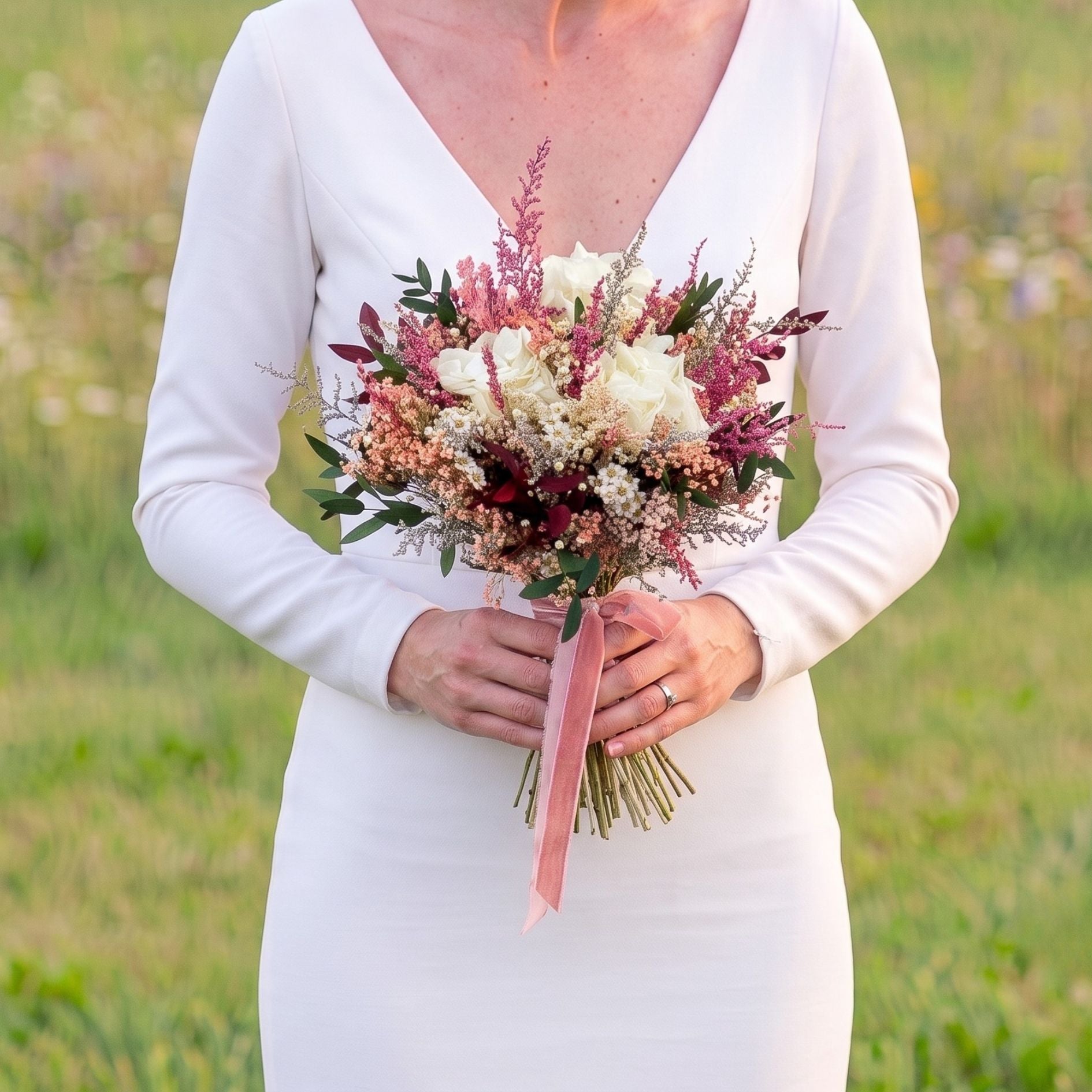ramo de novia de flores preservadas con hortensias blancas y flores silvestres