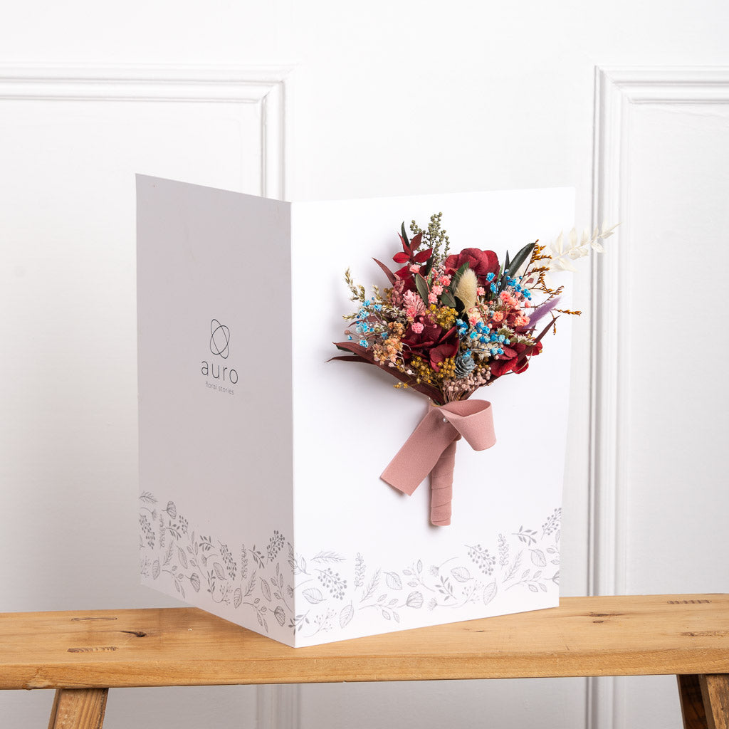tarjeta XL para dedicatoria y ramo de flores preservadas