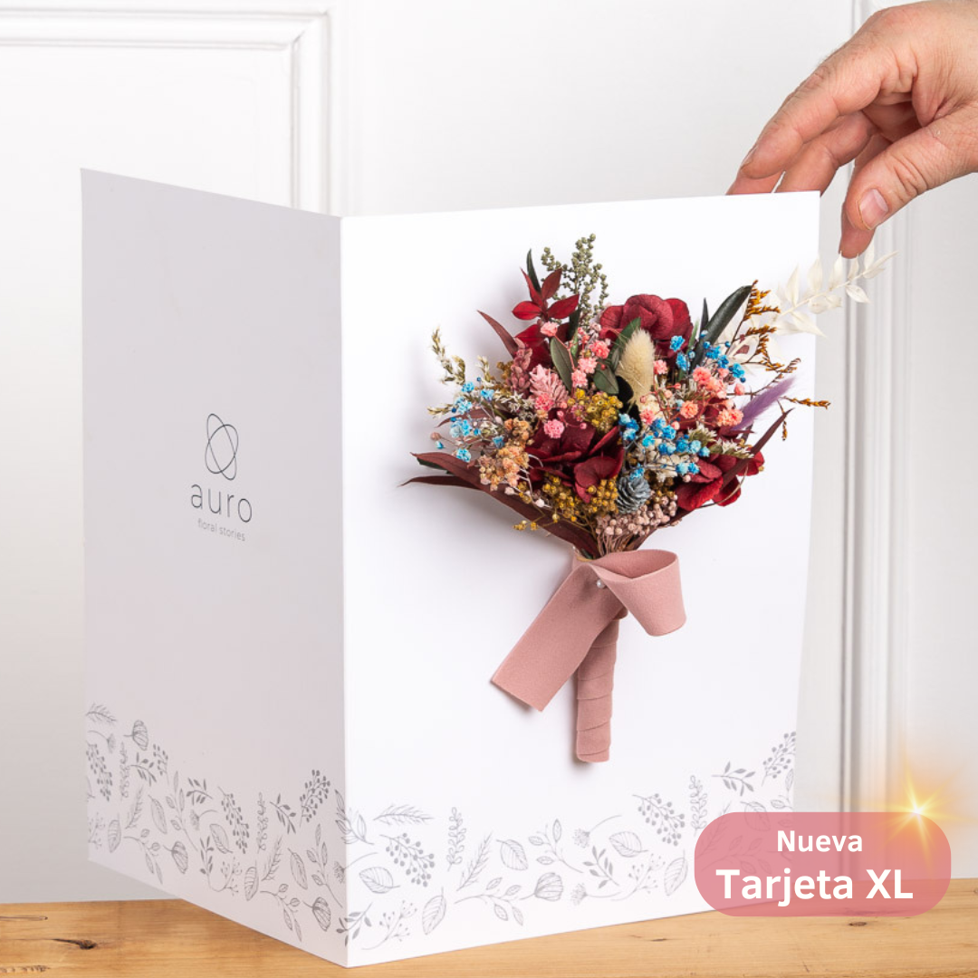 tarjeta XL para dedicatoria y ramo de flores preservadas