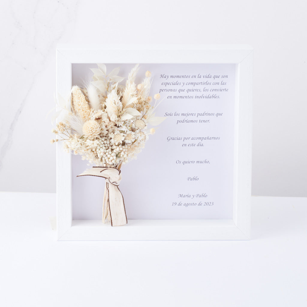cuadro personalizado con flores preservadas blancos