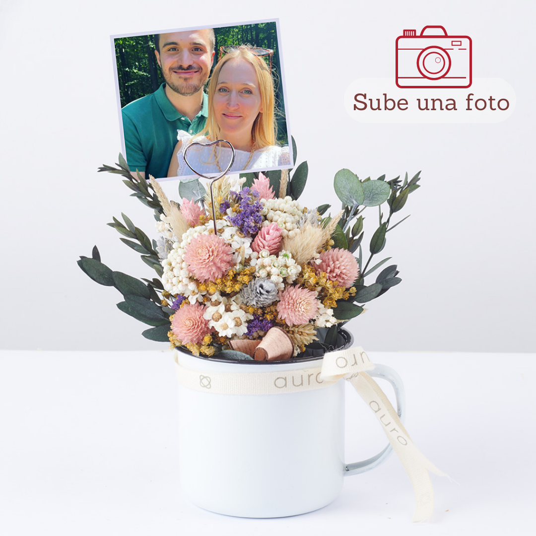 Taza Harvest + tarjeta de flores