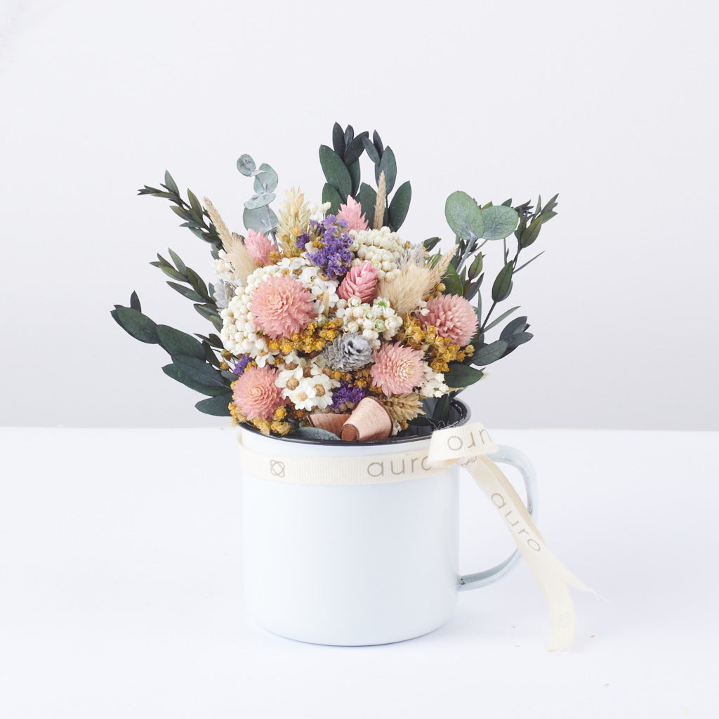 Taza Harvest + tarjeta de flores