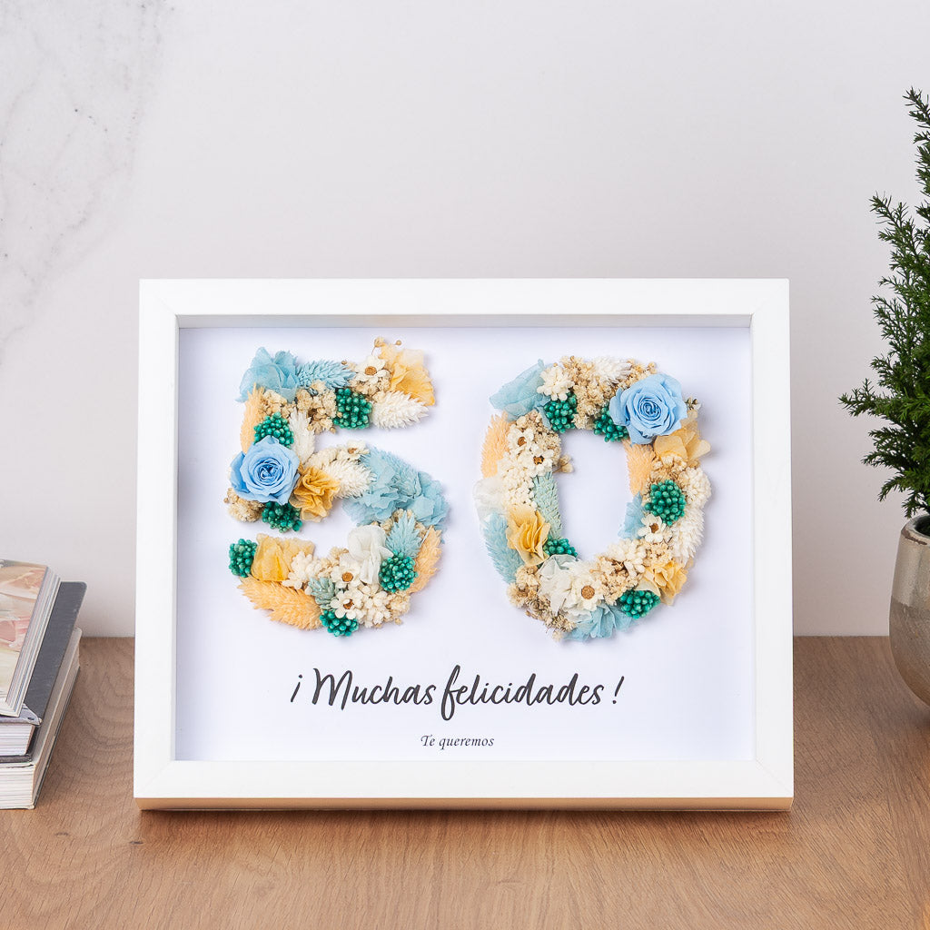 Cuadro con números de flores preservadas y personalización del texto