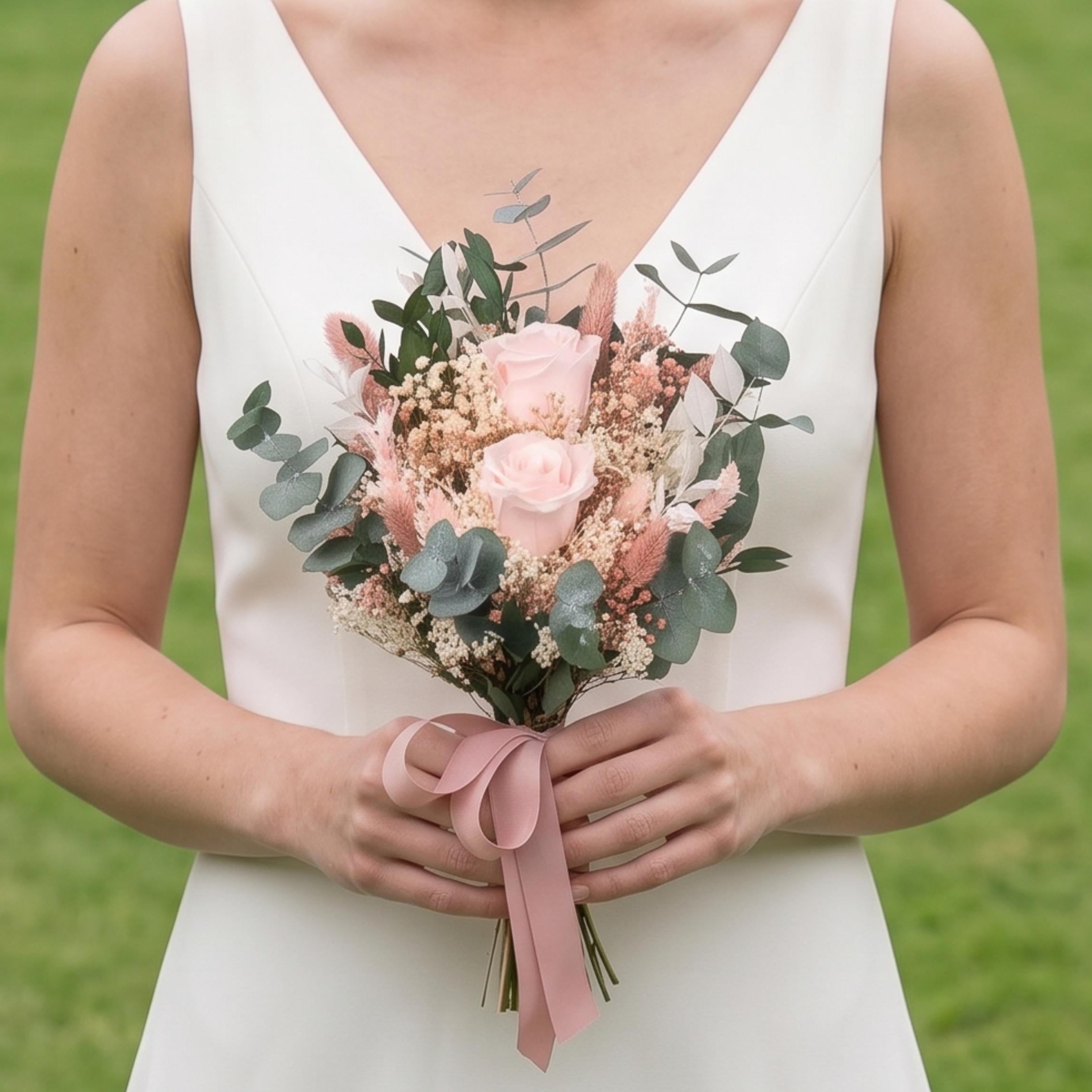 ram o de novia de flores preservadas con rosa rosa suave y tonos rosas
