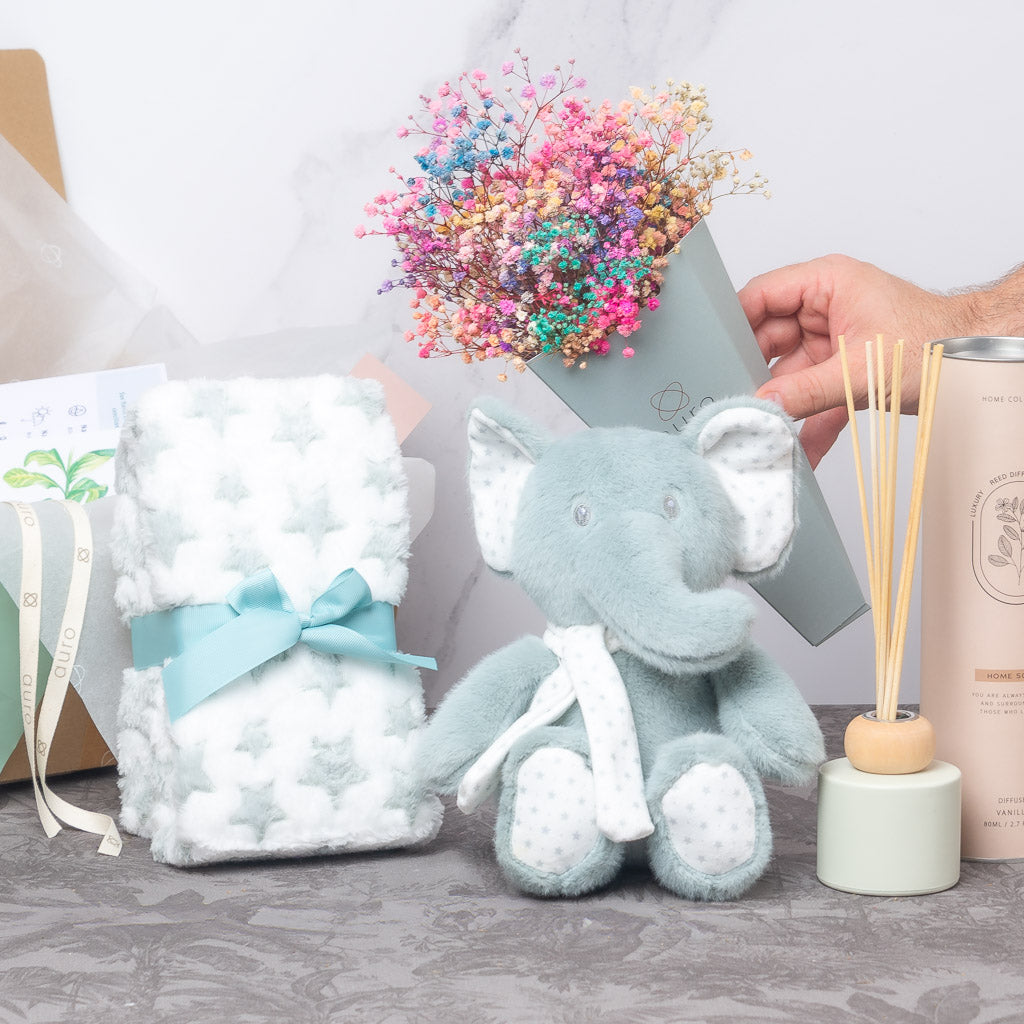 caja regalo con pack de flores preservadas, elefante de peluche y mantita a juego