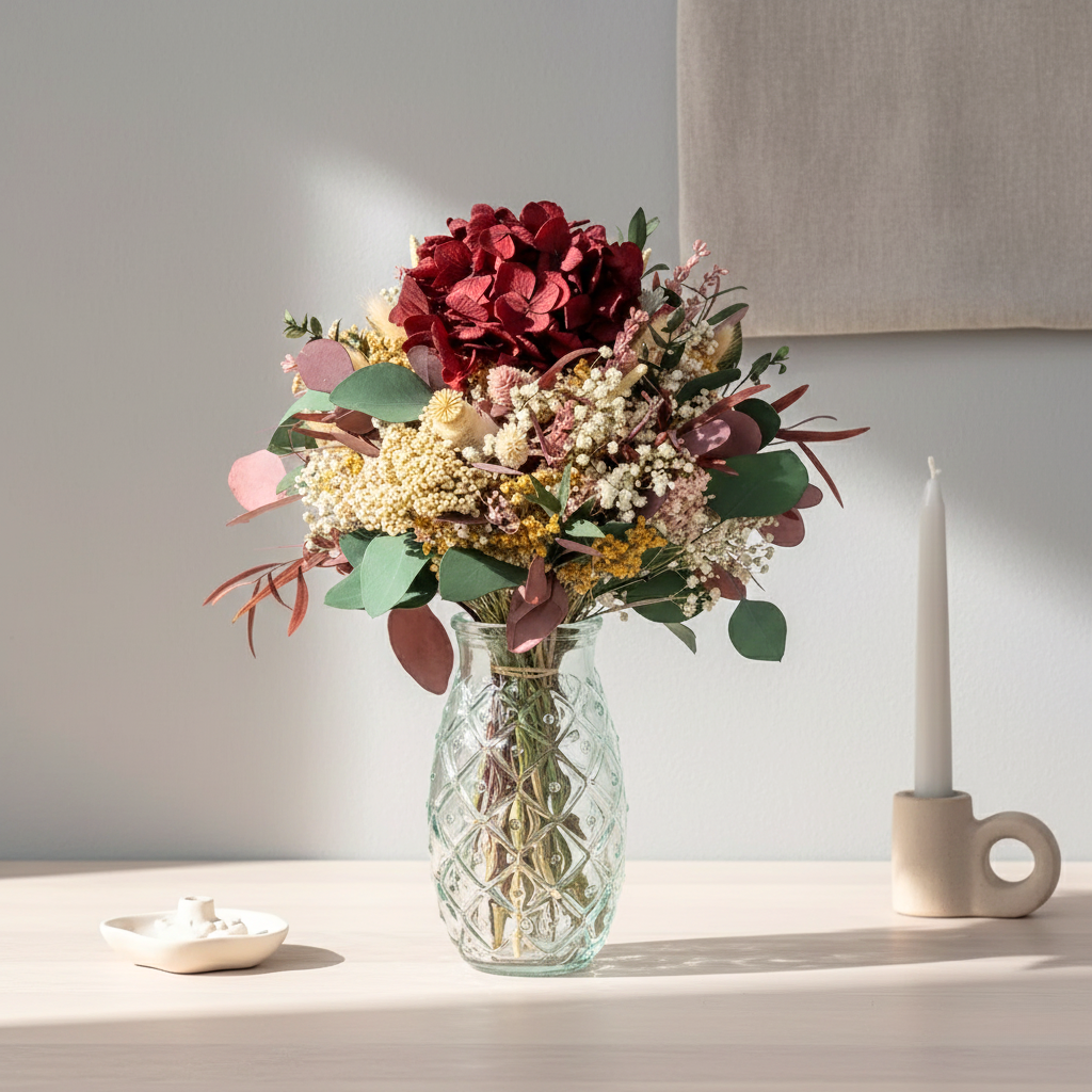 ramo de flores preservadas con hortensia burdeos floral valley