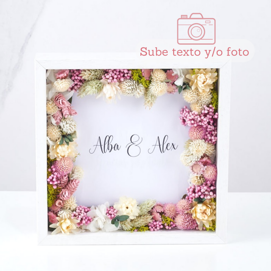 Cuadro con ramillete de flores preservadas y dedicatoria personalizada –  auro floral stories