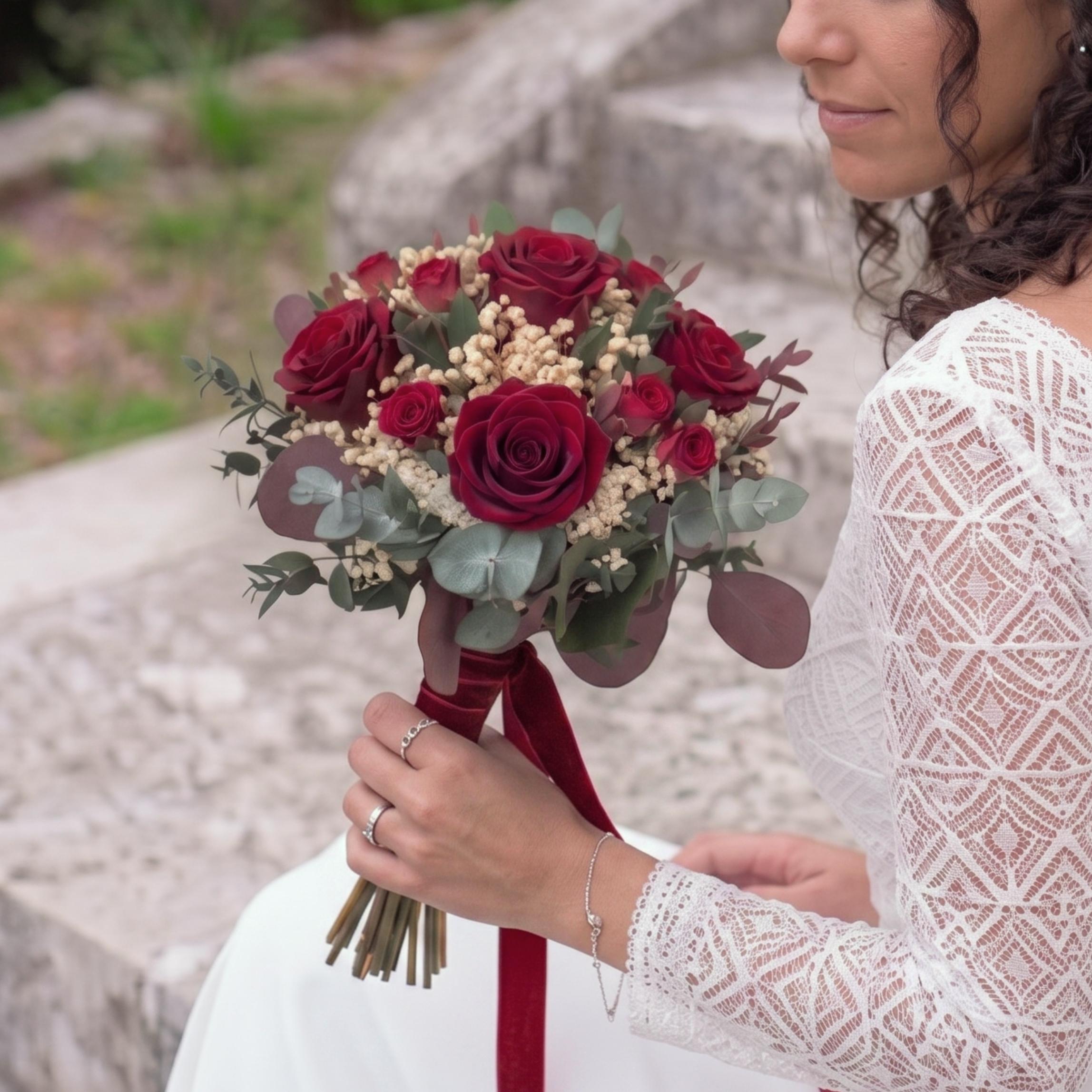 ramo de novia de rosas burdeos preservadas Merlot