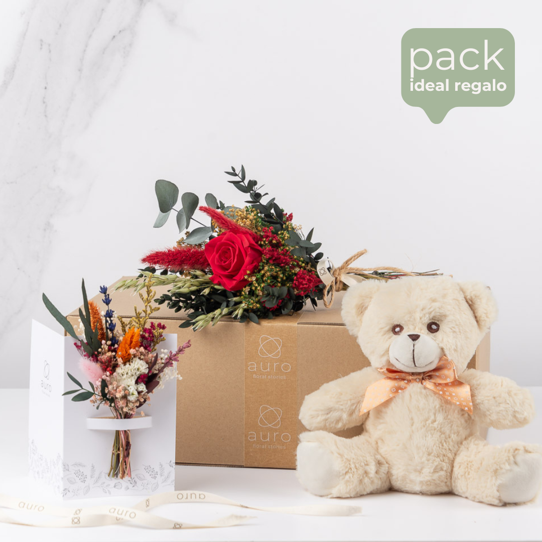 pack regalo de rosa eterna con peluche y tarjeta de flores preservadas