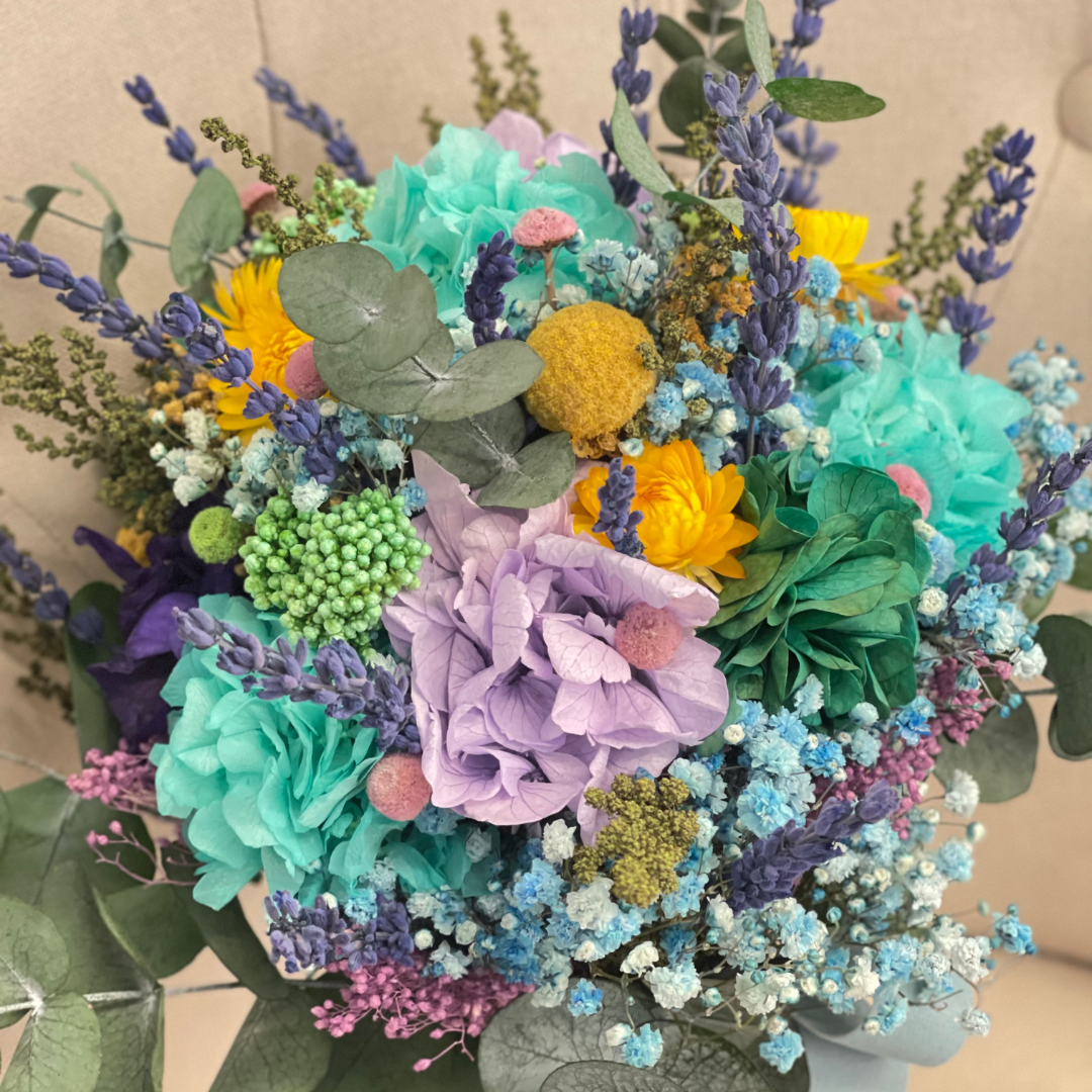 ramo de novia de flores preservadas con hortensias lilas y turquesa