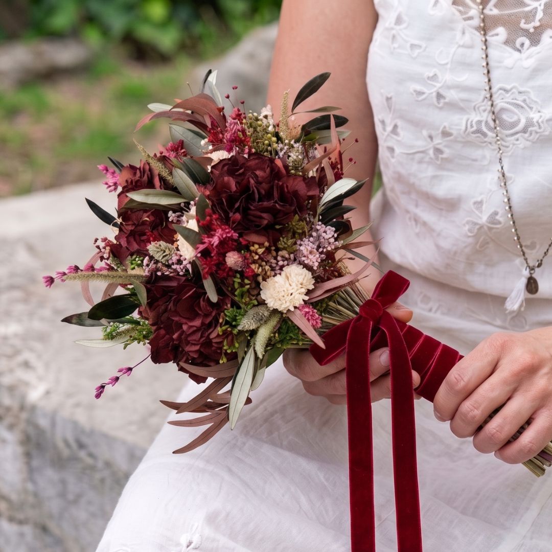ramo de novia de flores preservadas con hortensia burdeos y olivo
