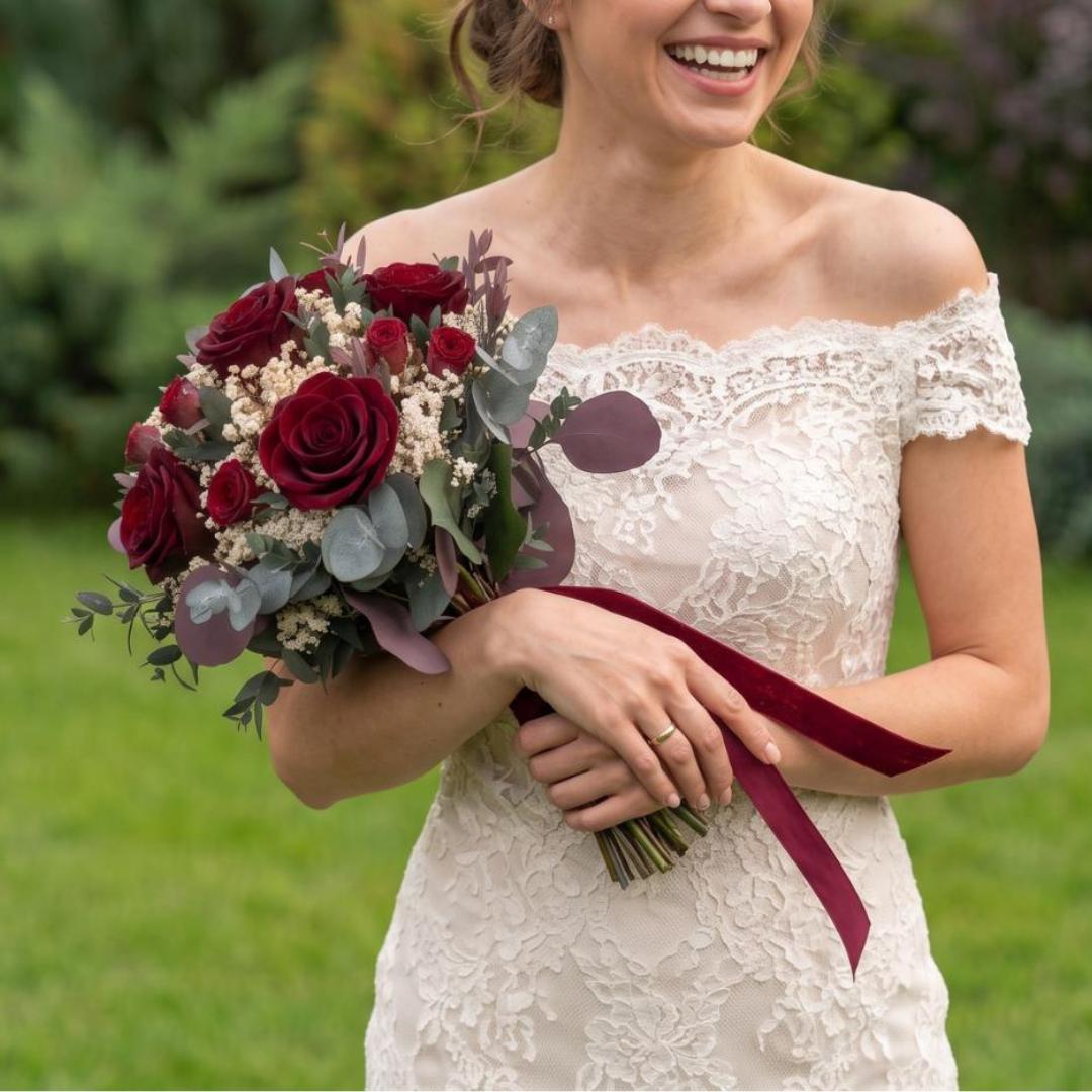 ramo de novia con rosas burdeos preservadas Merlot