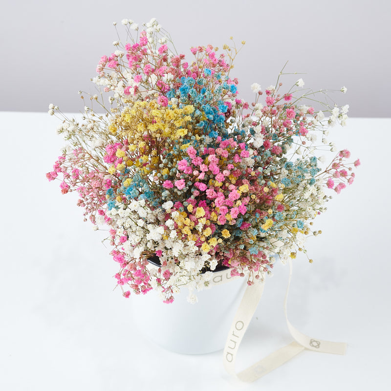 taza con flores preservadas multicolor